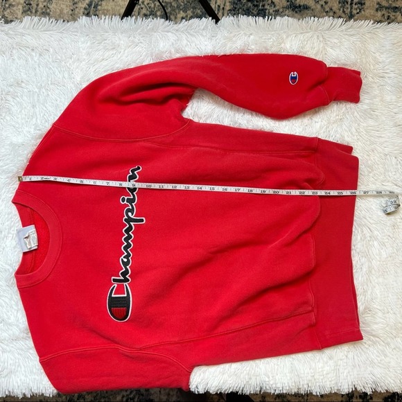 Champion Reverse Weave Red Crew Neck Pullover Sweatshirt Black Script Logo - Picture 6 of 8